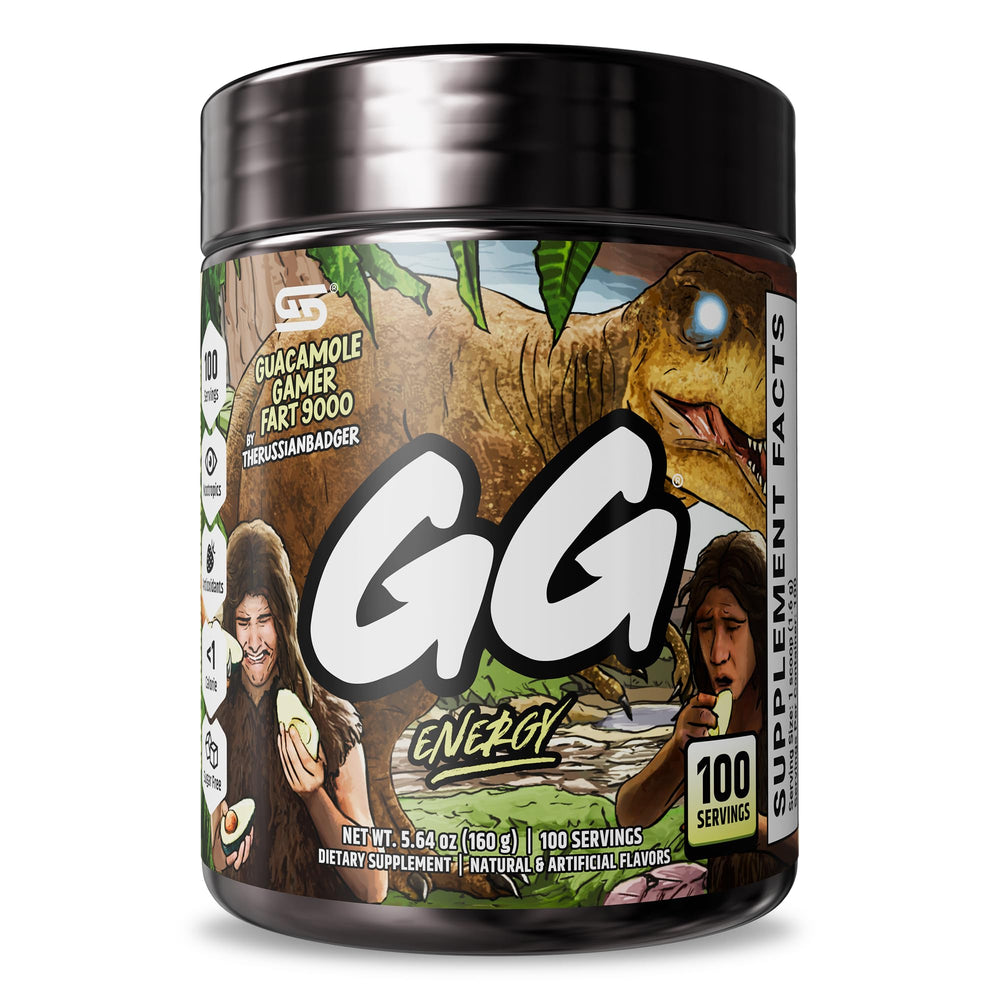 Gamer Supps GG Energy Guacamole Gamer Fart 9000 bottle close-up for keto-friendly energy on the go.