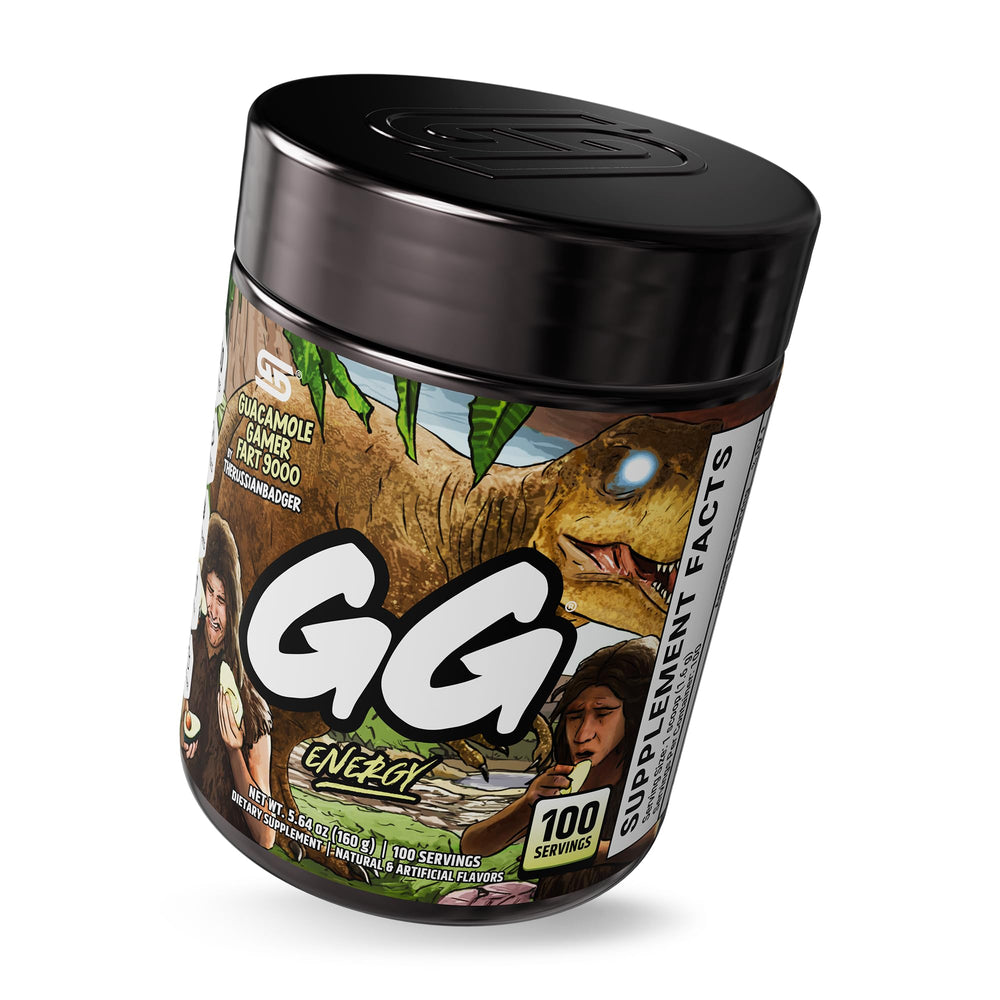Gamer Supps GG Energy Guacamole Fart 9000 serving glass, sugar-free hydration with vitamins.
