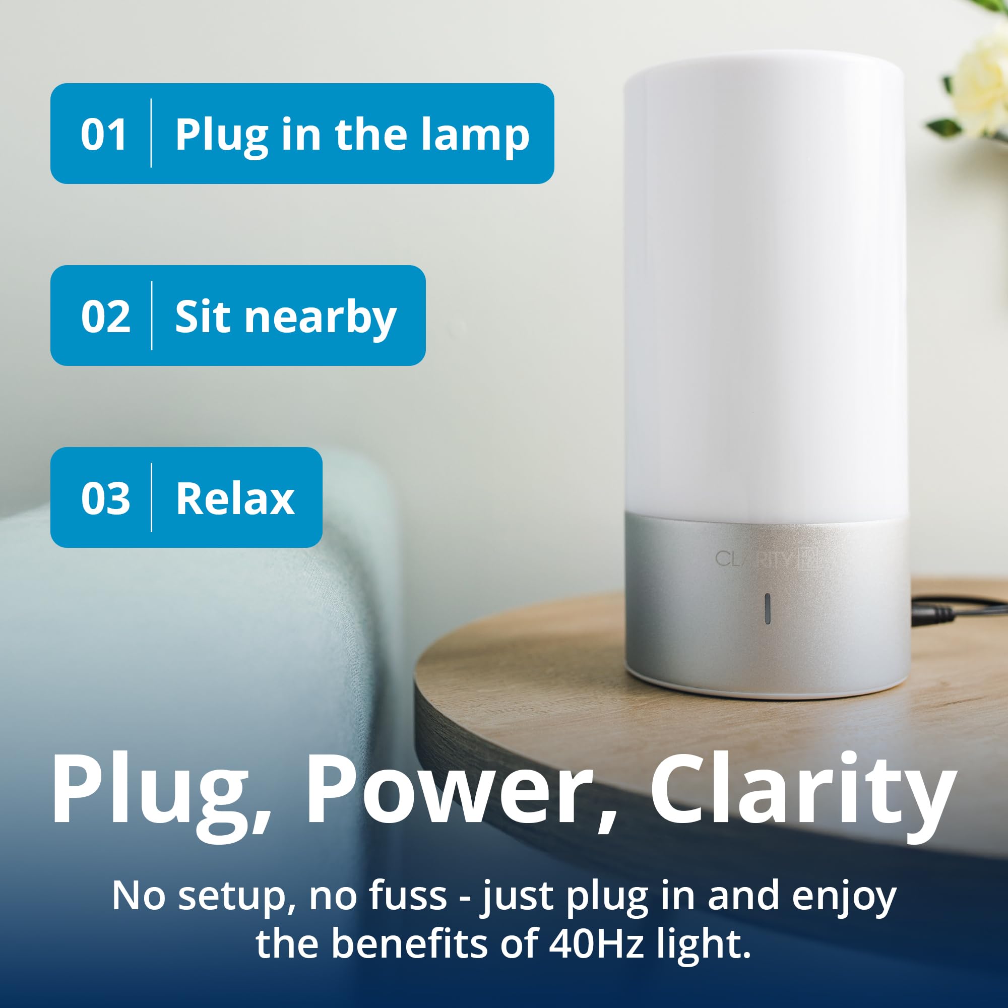 Gamma Clarity 40Hz lamp on-table setup supports reading and relaxation sessions