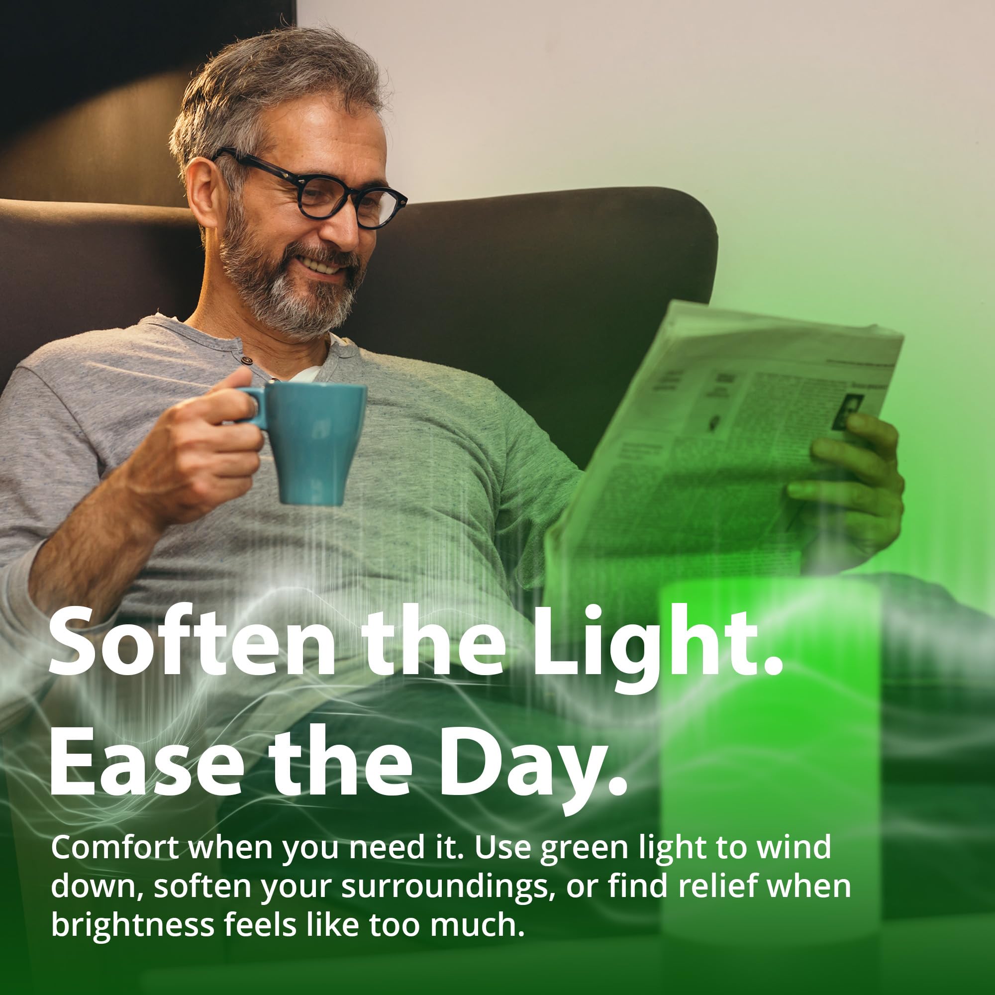 Gamma Light Therapy brand spotlight on minimalist shelf with green mood lighting