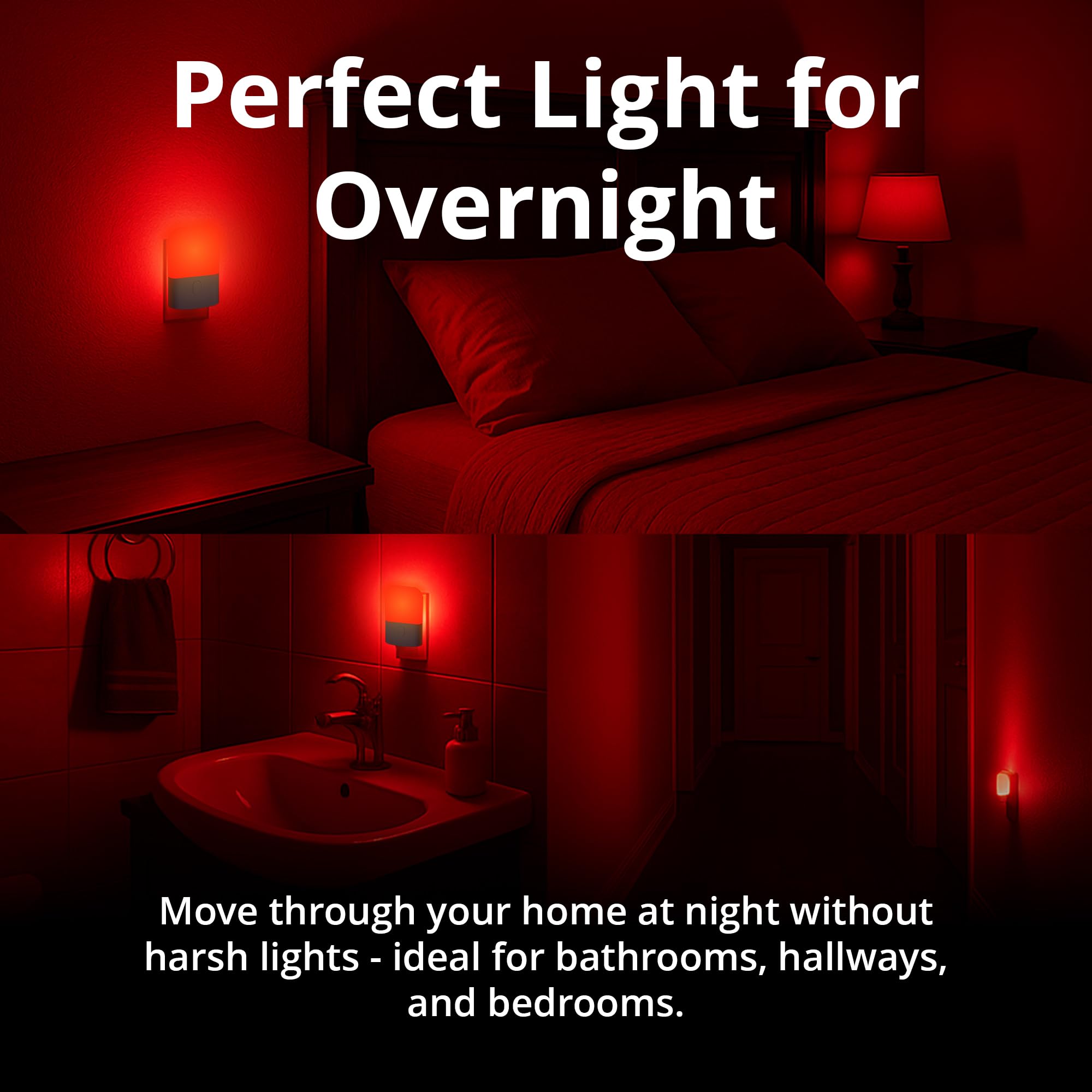 Gamma Light Therapy Revive red night light adds ambient glow for a peaceful bedroom.