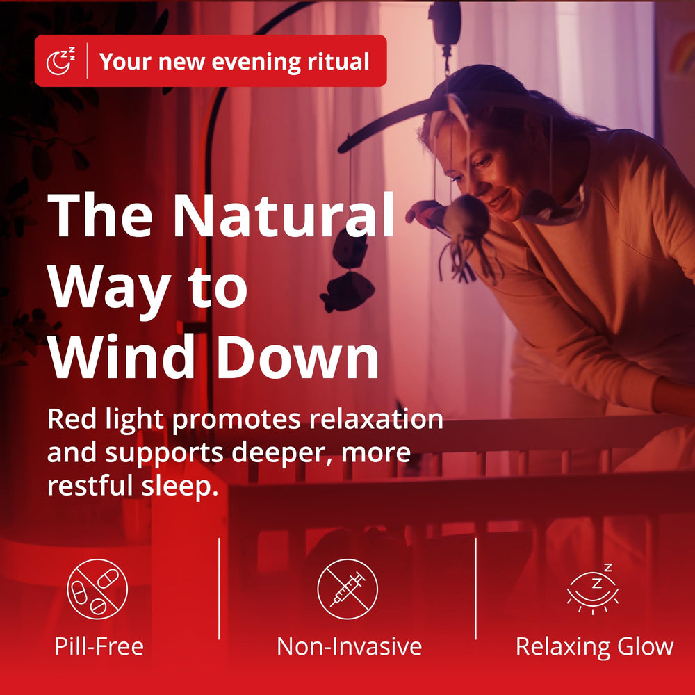 Gamma Light Therapy Revive red night light on a bedside table provides soft, navigable glow.