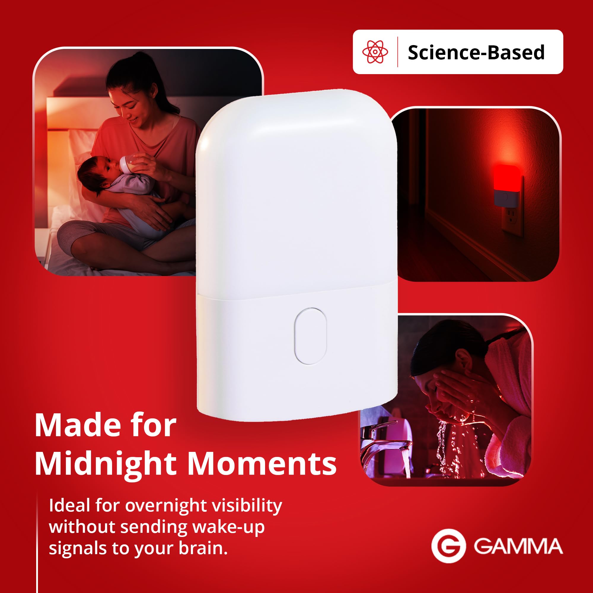 Gamma Light Therapy Revive red night light supports easy nighttime visibility in dark rooms.