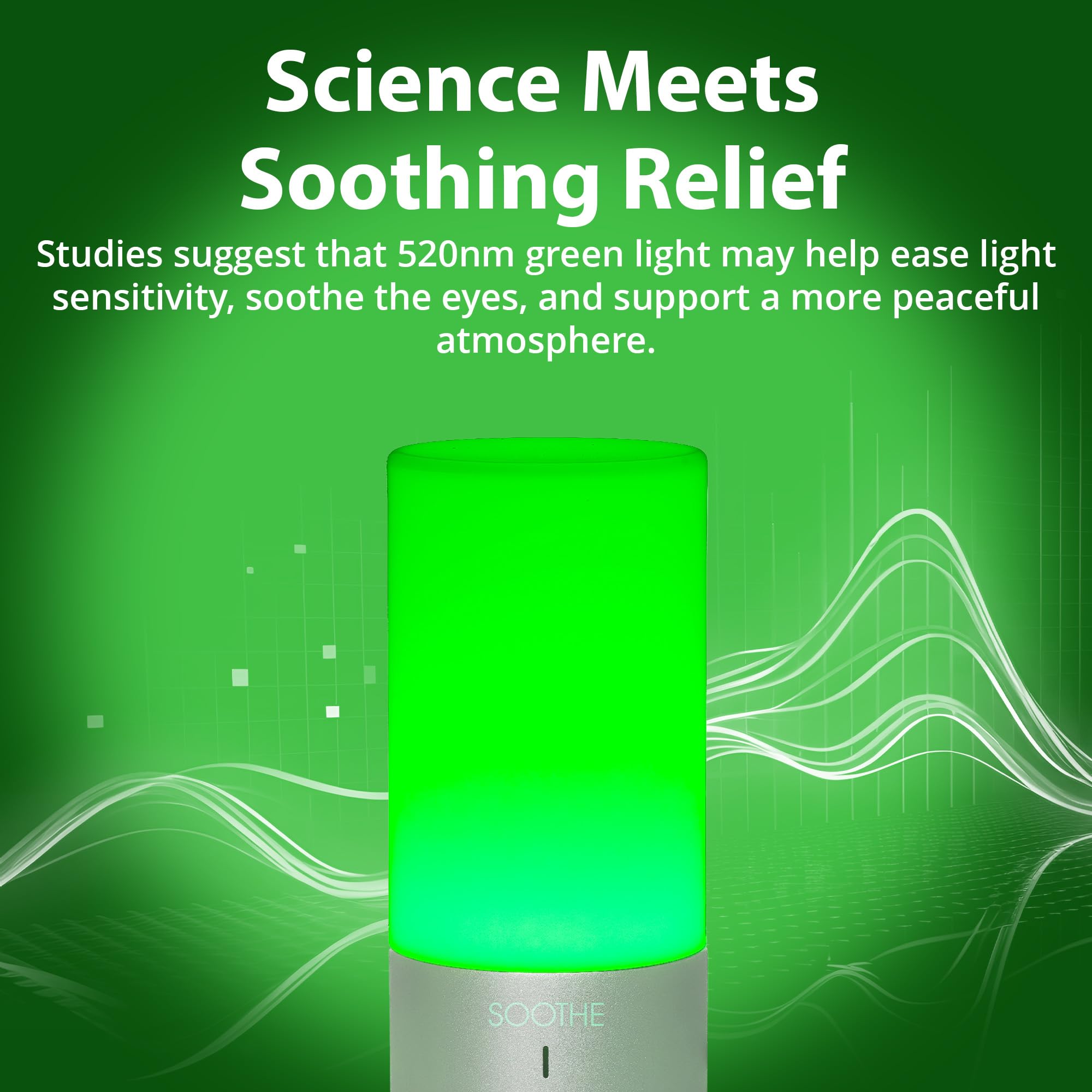 Gamma Soothe lamp on a bedside table with soft green light for calm evenings
