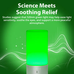 Gamma Soothe lamp on a bedside table with soft green light for calm evenings
