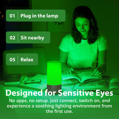 Gamma Soothe device in living space, ambient green light for relaxation
