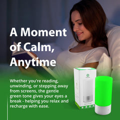 Soothe lamp in a reading nook, subtle green therapy during screen time