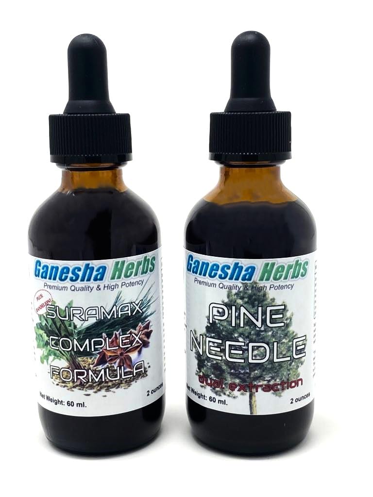 Ganesha Herbs Suramax bottle top view for daily immune support with pine needle tincture.