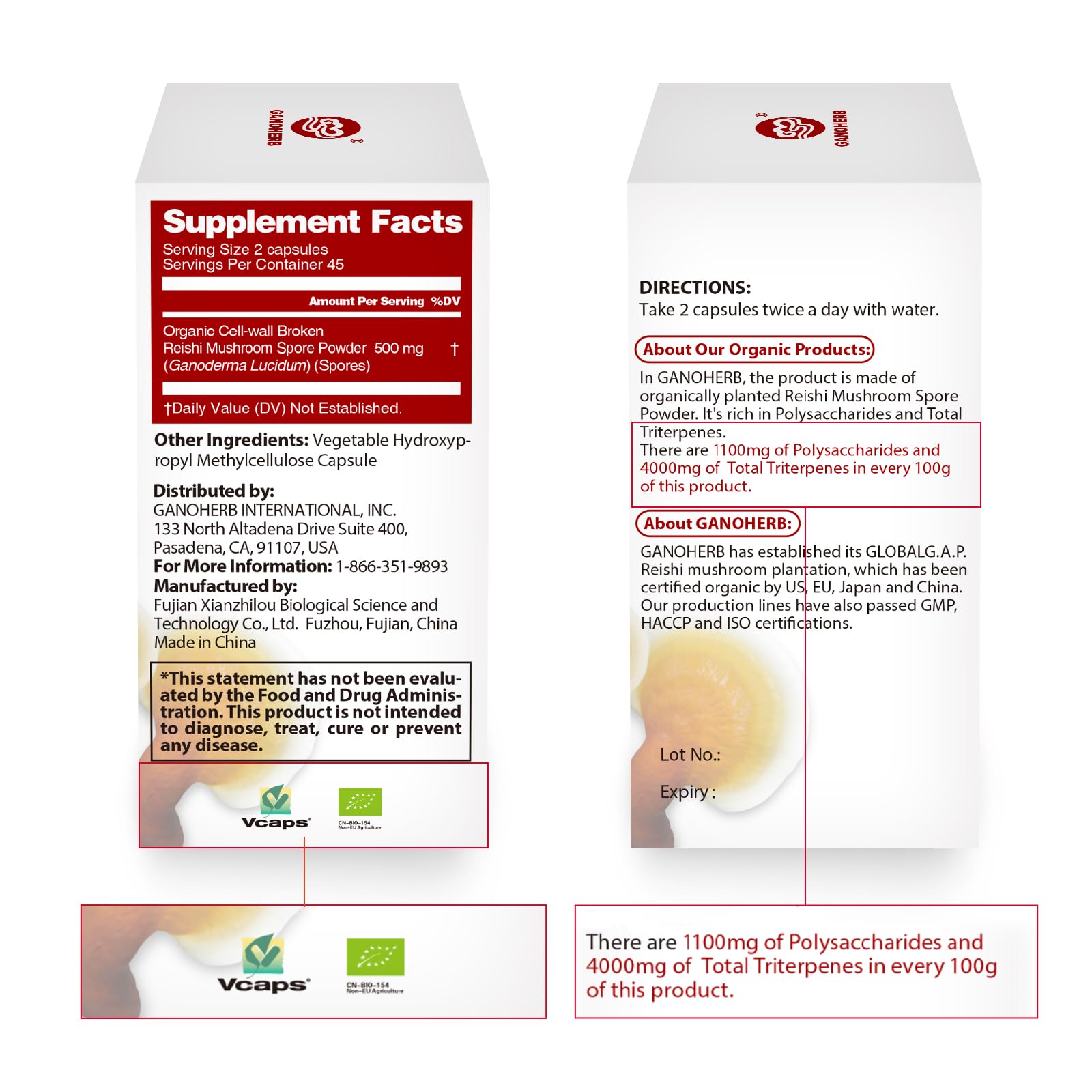 GANOHERB Vegan gluten-free label communicates dietary compatibility.
