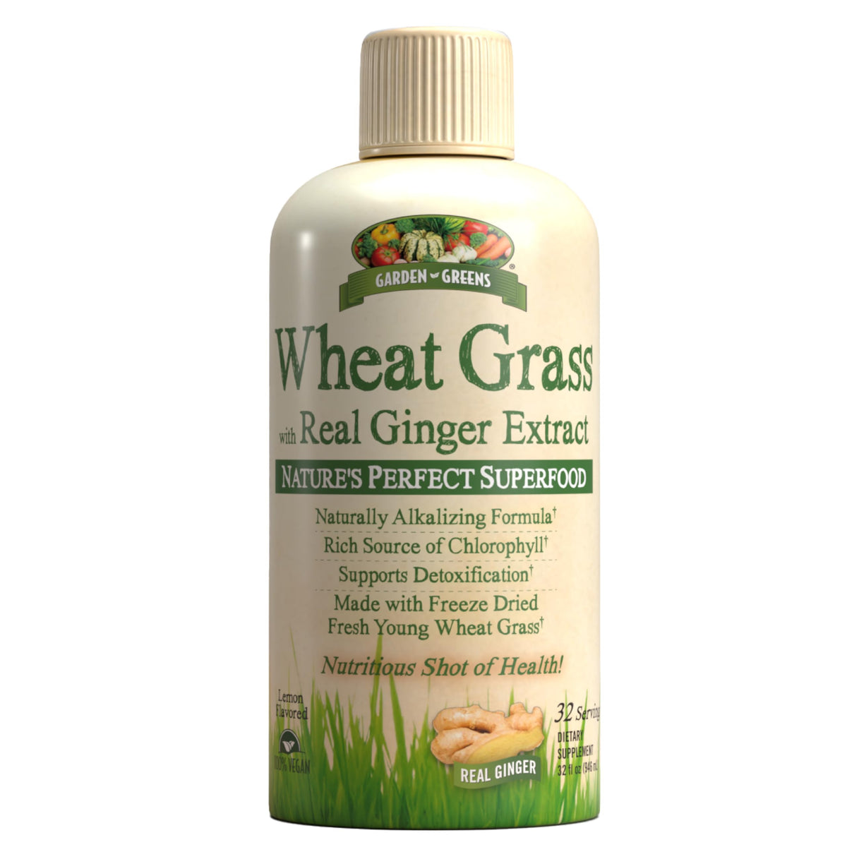 Garden Greens Wheat Grass Liquid bottle with lemon, highlighting digestion support and refreshing flavor.