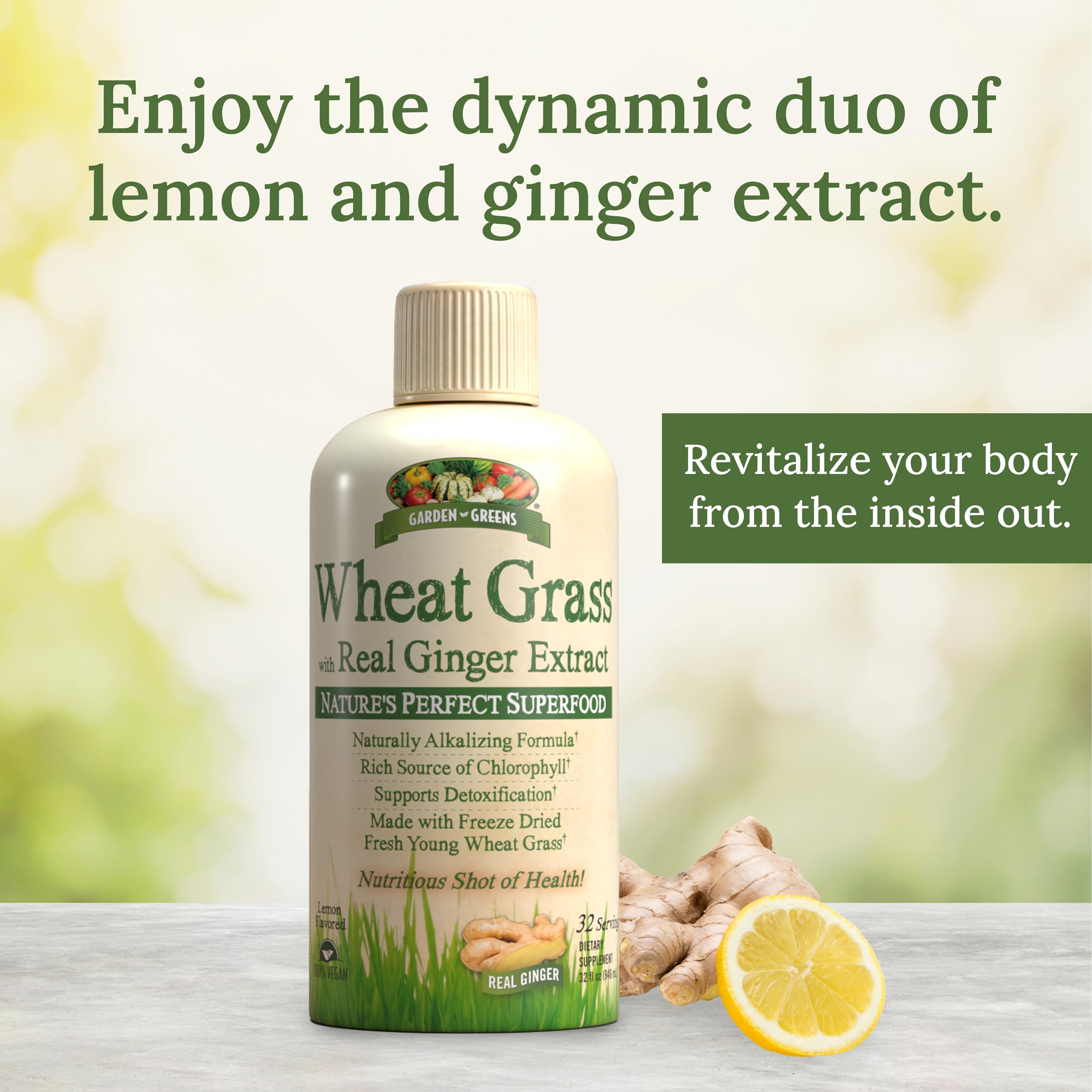 Garden Greens Wheat Grass Liquid bottle with measuring cup, showing 32 servings for daily use.