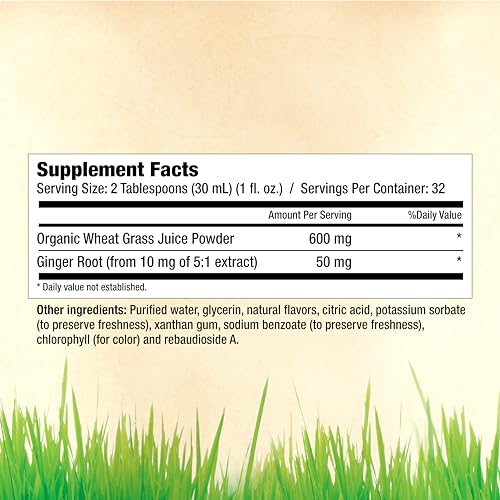 Garden Greens Wheat Grass Liquid being poured, featuring real ginger for zing and digestive comfort.
