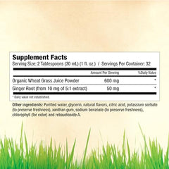 Garden Greens Wheat Grass Liquid being poured, featuring real ginger for zing and digestive comfort.