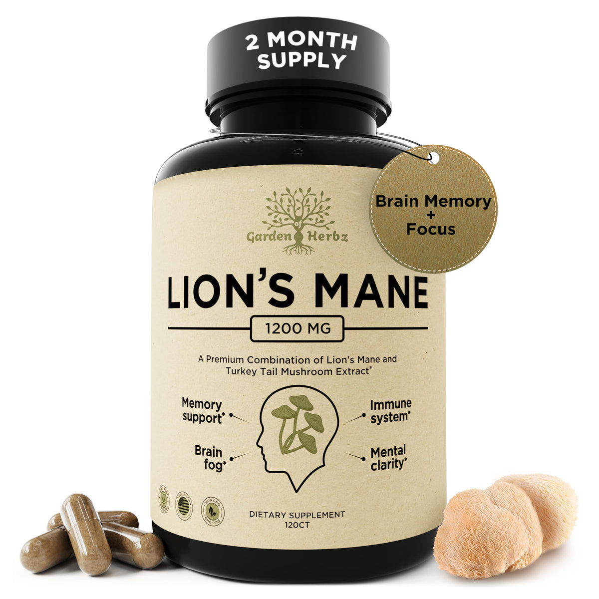 Garden of Herbz Lions Mane Turkey Tail capsules bottle for daily immune and focus support.