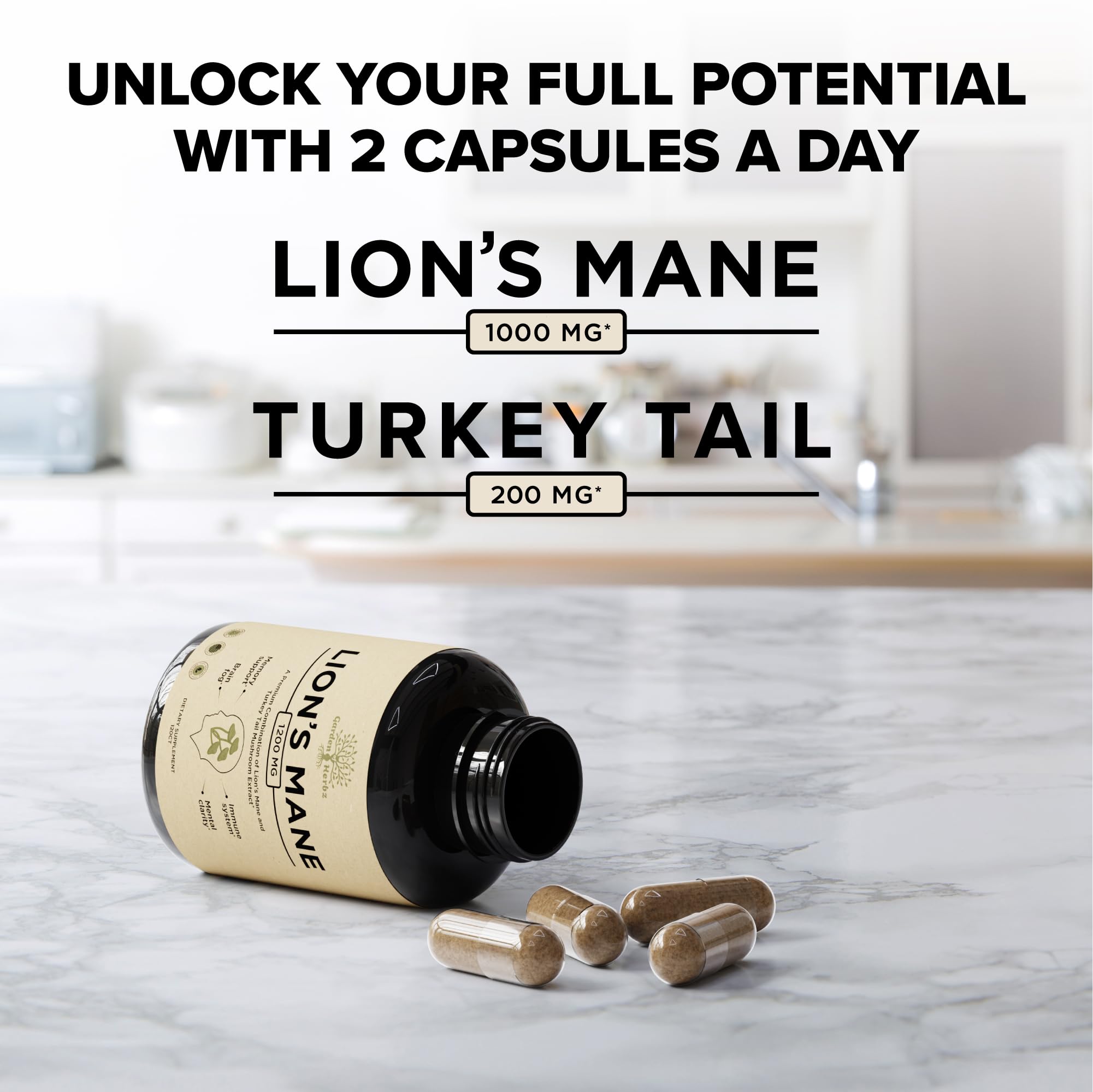 Garden of Herbz Lions Mane Turkey Tail capsules label emphasizes third-party tested quality.