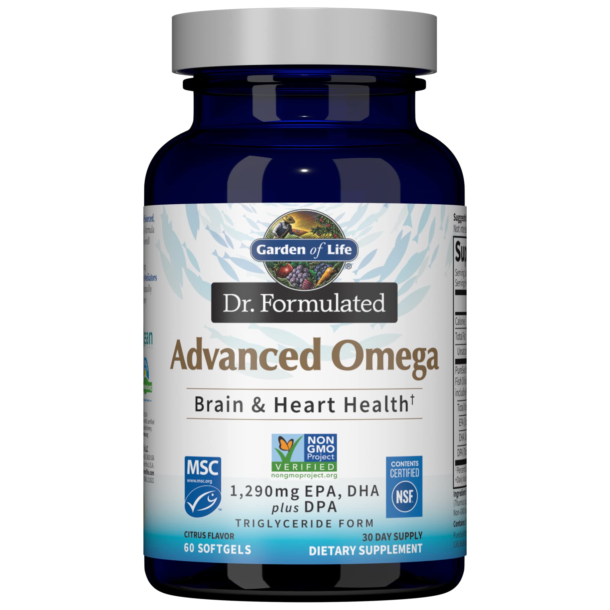 Garden of Life Advanced Omega Fish Oil lemon bottle showcases high-potency omega-3 formulation