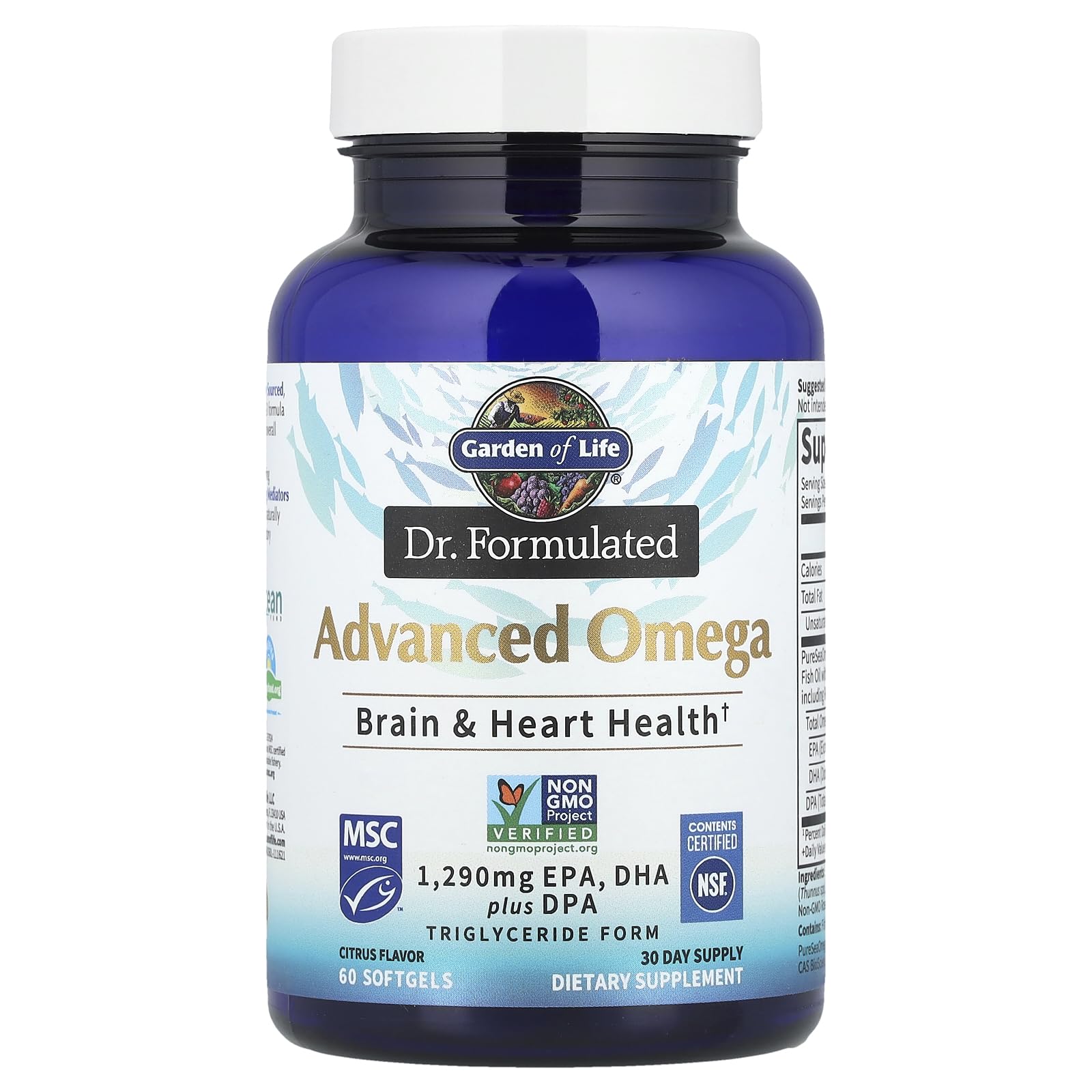 Garden of Life Advanced Omega Fish Oil lemon label displays EPA, DHA, and DPA amounts