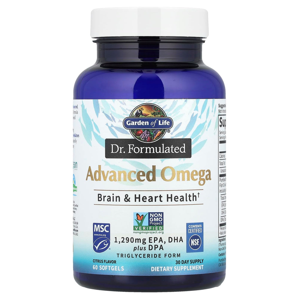 Garden of Life Advanced Omega Fish Oil lemon label displays EPA, DHA, and DPA amounts