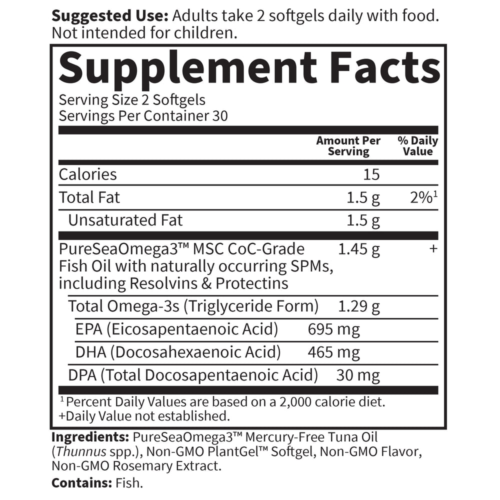 Garden of Life Advanced Omega Fish Oil lemon supplement on counter shows easy two-softgel serving