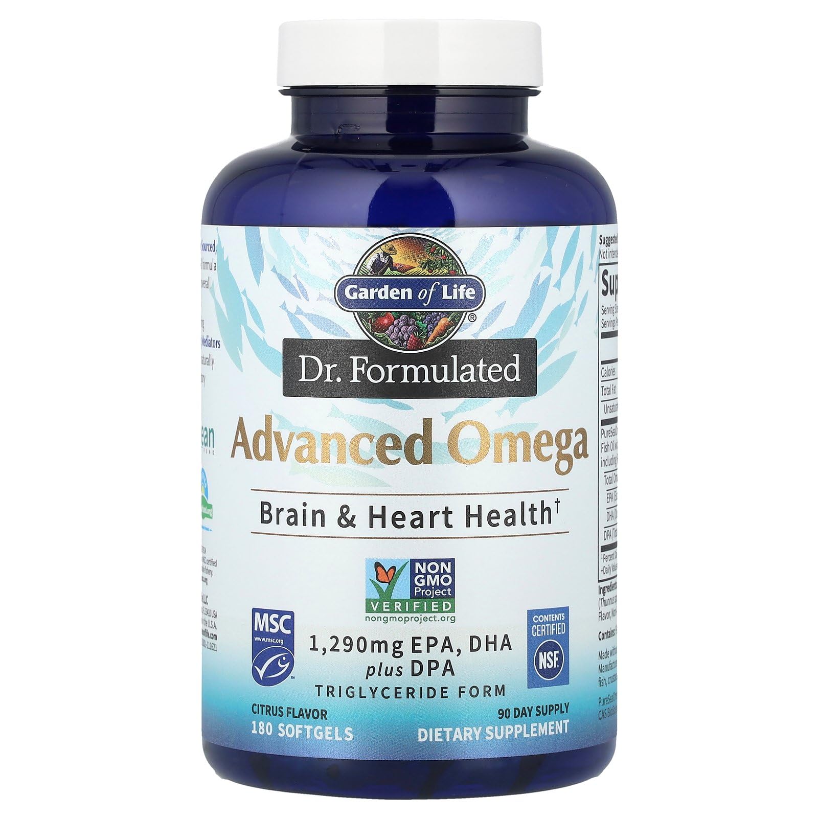 Garden of Life Dr. Formulated Advanced Omega Fish Oil label highlights SPM and triglyceride form