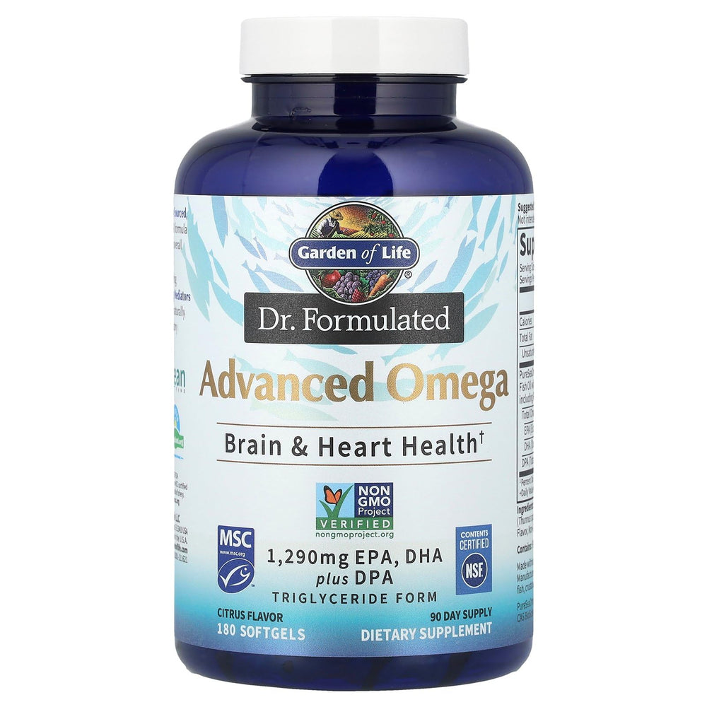 Garden of Life Dr. Formulated Advanced Omega Fish Oil label highlights SPM and triglyceride form