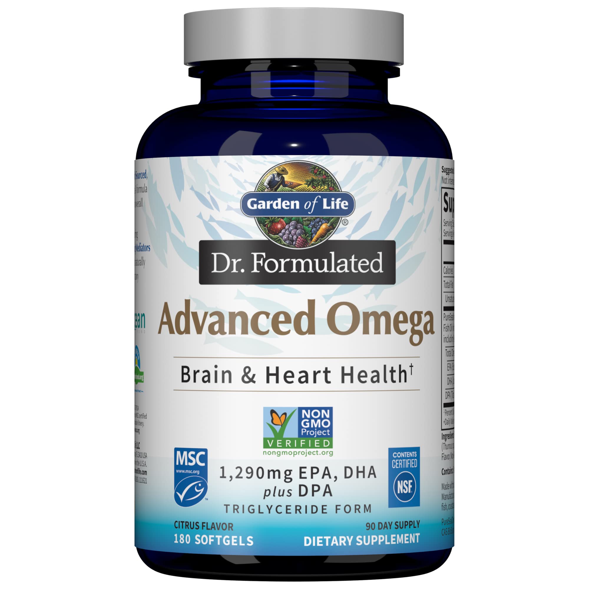Garden of Life Dr. Formulated Advanced Omega Fish Oil lemon bottle supports brain and heart health