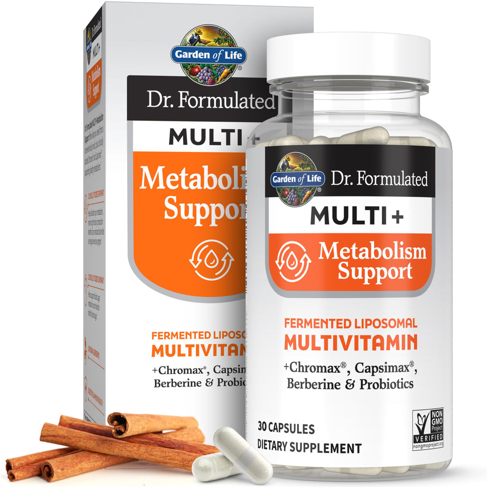 Garden of Life Dr. Formulated Multi+ Metabolism Support bottle closeup, metabolism-friendly nutrients.