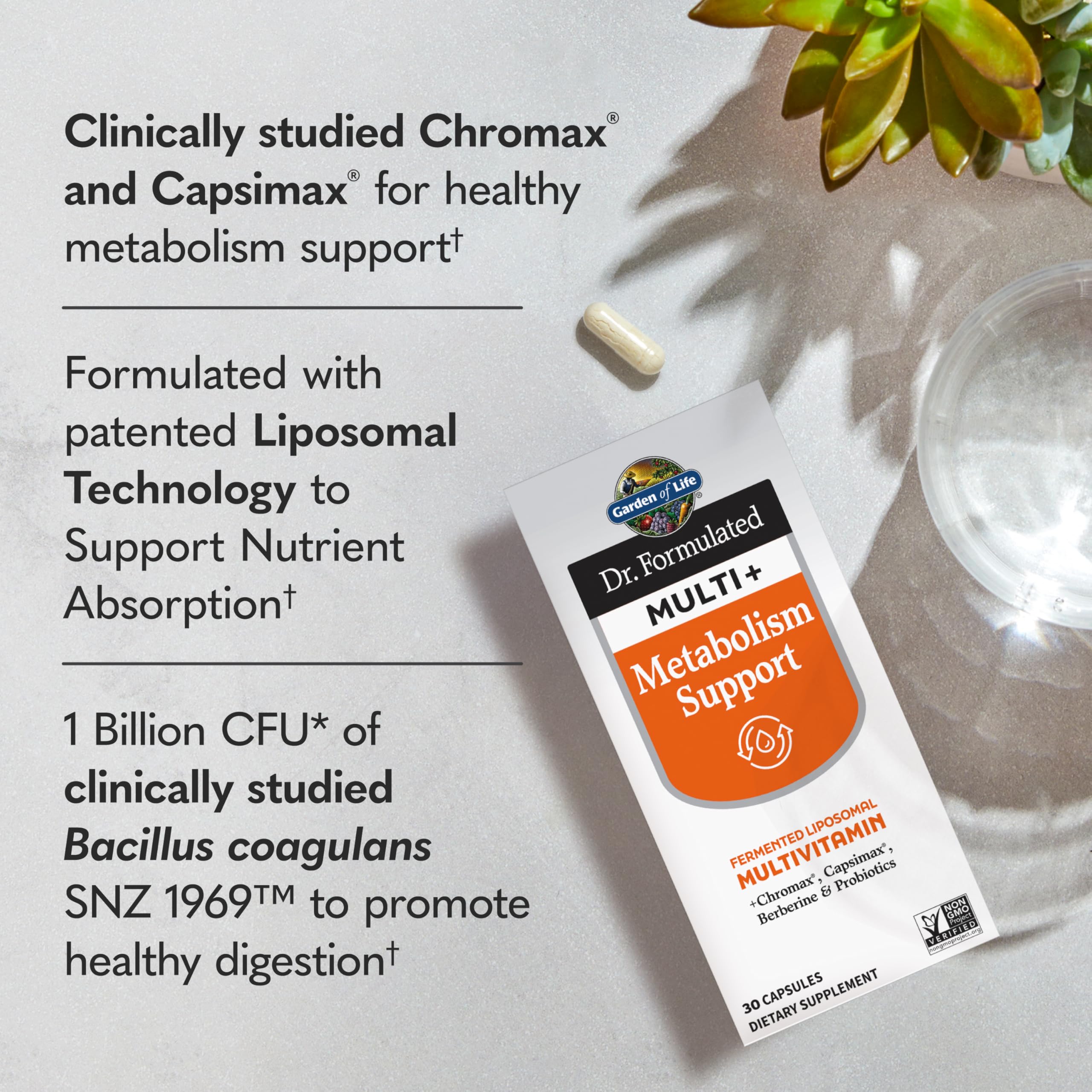 Garden of Life Dr. Formulated Multi+ Metabolism Support bottle pouring capsules for daily use.