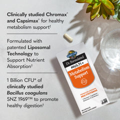 Garden of Life Dr. Formulated Multi+ Metabolism Support bottle pouring capsules for daily use.