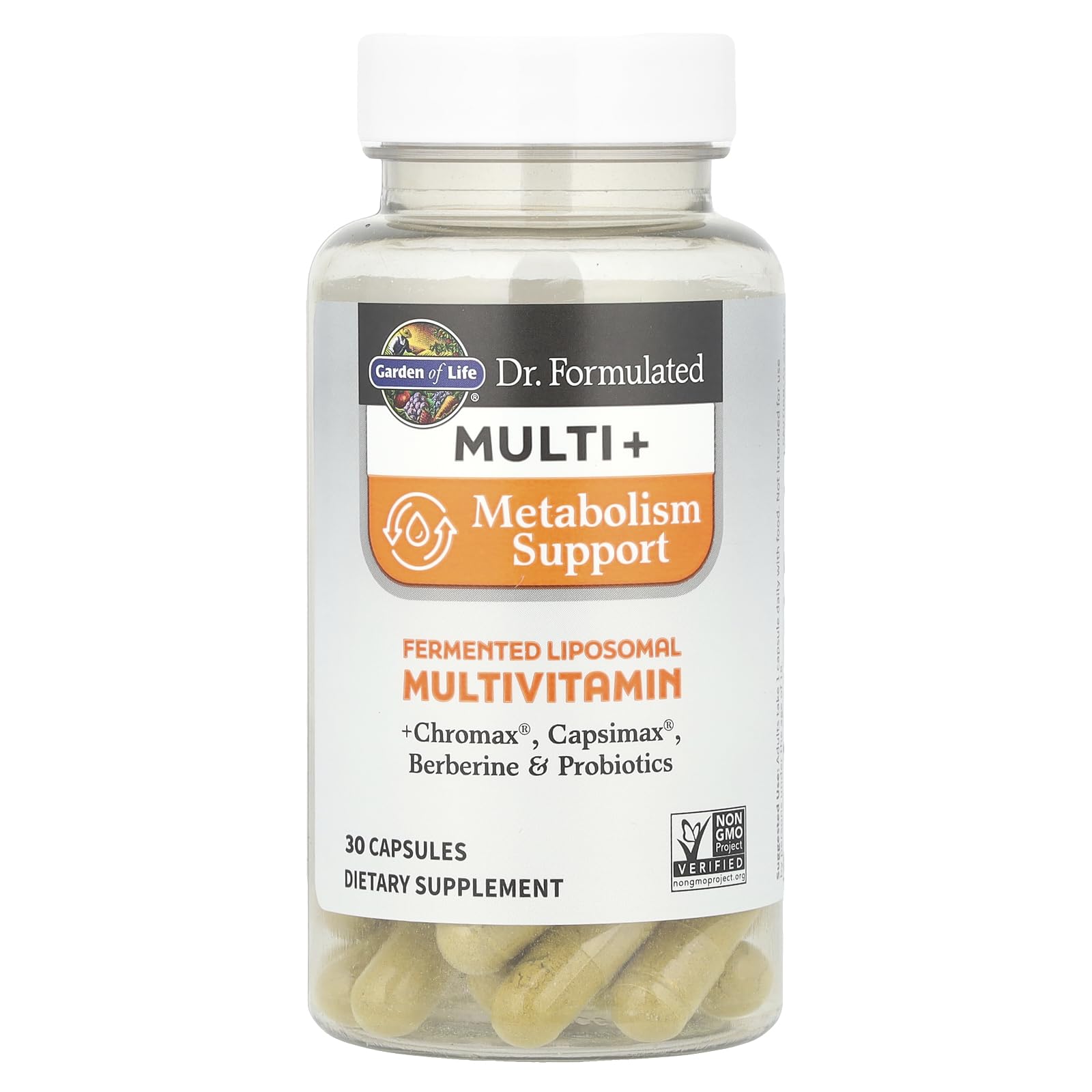 Garden of Life Dr. Formulated Multi+ Metabolism Support label view highlights product ingredients.