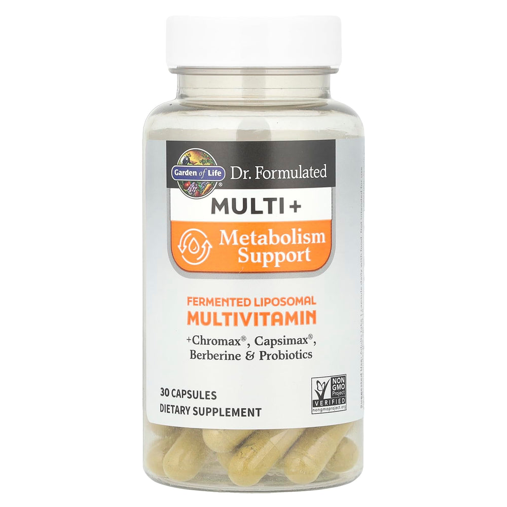 Garden of Life Dr. Formulated Multi+ Metabolism Support label view highlights product ingredients.