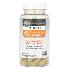 Garden of Life Dr. Formulated Multi+ Metabolism Support label view highlights product ingredients.