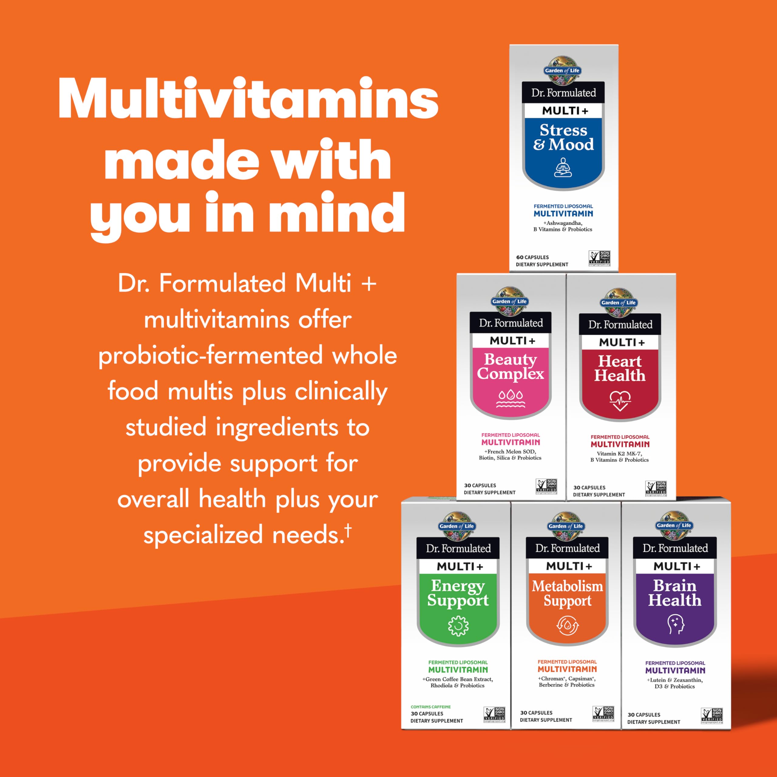 Garden of Life Dr. Formulated Multi+ Metabolism Support packaging display emphasizes certifications.