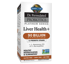 Garden of Life Liver Health+ bottle emphasizes 90 Billion CFU for daily detox support.