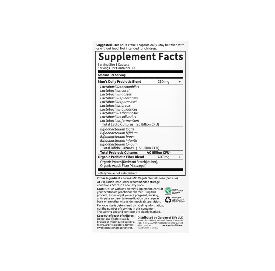 Close-up of Garden of Life label highlighting probiotic strains for daily support