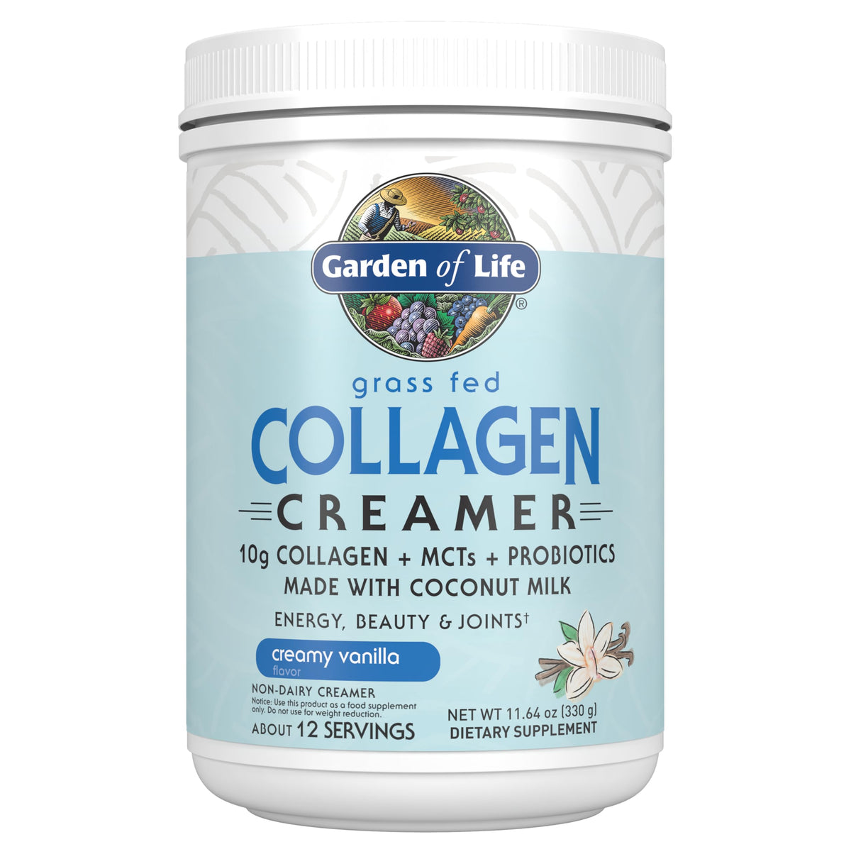 Garden of Life grass-fed collagen creamer vanilla bottle boosts coffee flavor