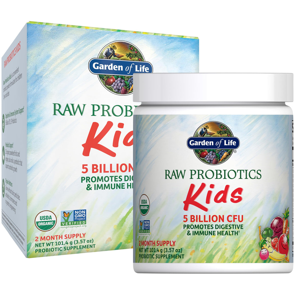 Garden of Life Kids probiotic bottle front showing 5 billion CFU for digestive support