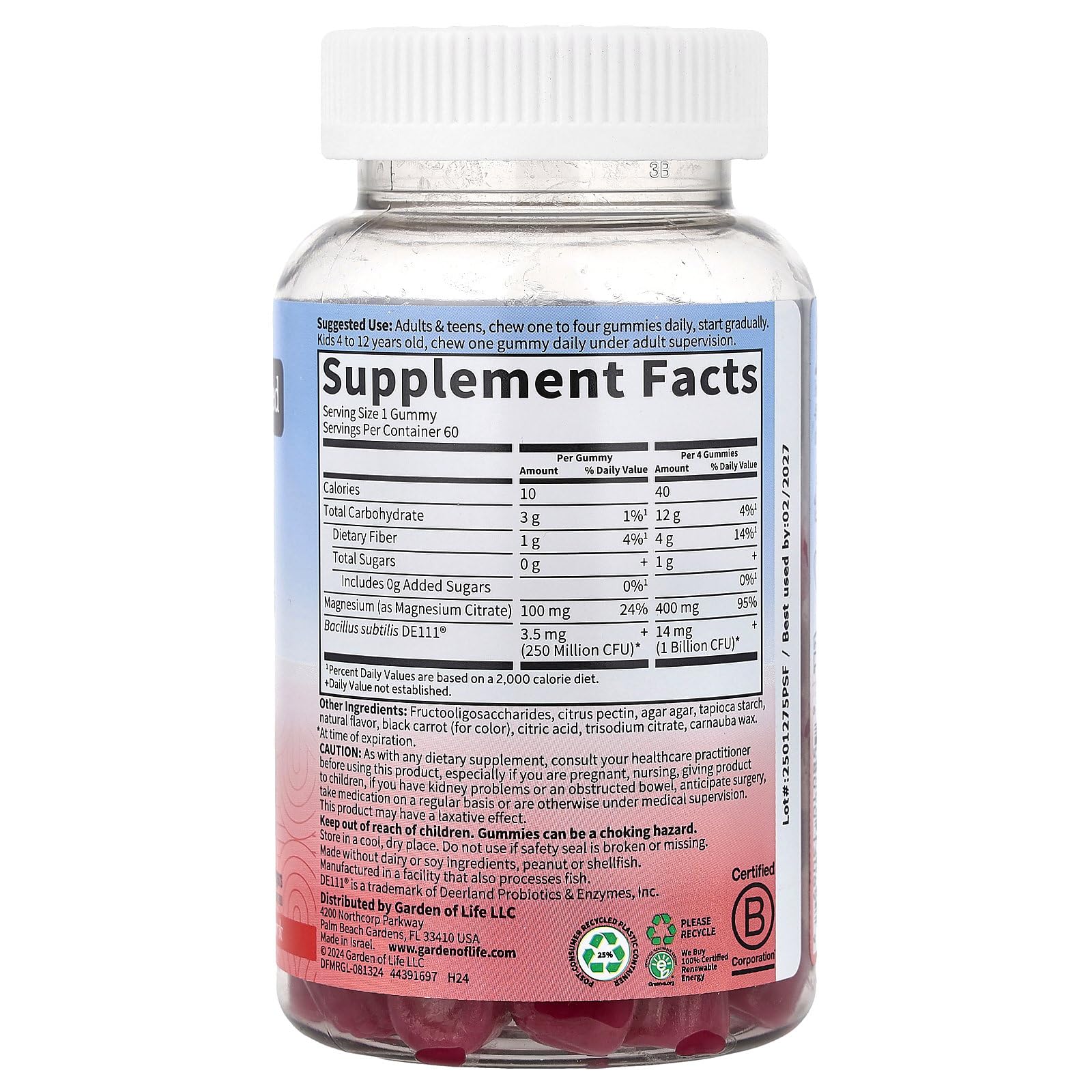 Garden of Life label on bottle emphasizes Dr. Formulated magnesium with prebiotics