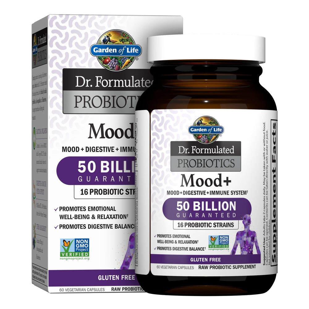 Garden of Life Mood+ bottle front highlights probiotic potency for mood support.