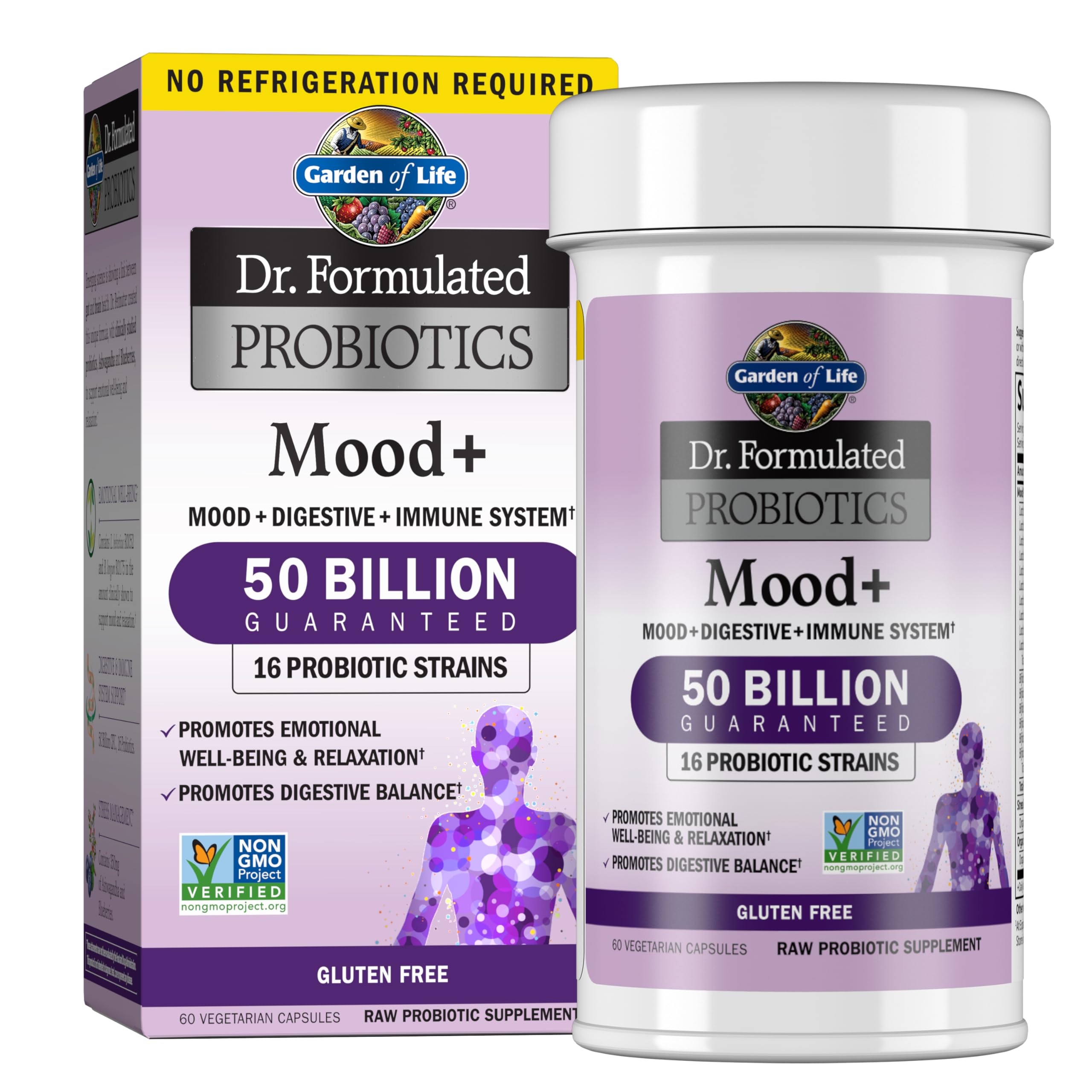 Garden of Life Mood+ bottle promotes mood support and digestive balance.
