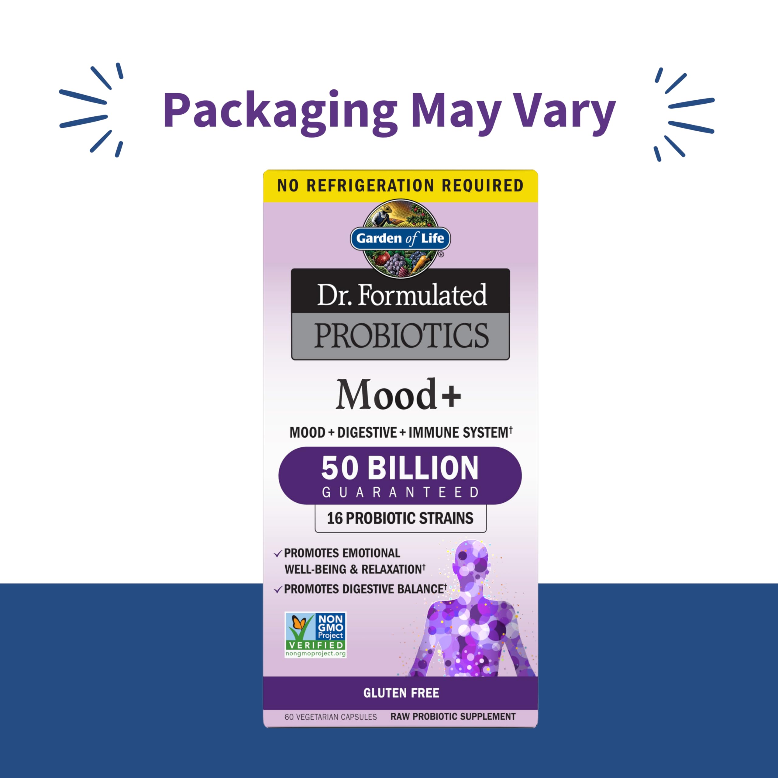 Mood+ capsules close-up highlighting 16 probiotic strains for mood and gut health.