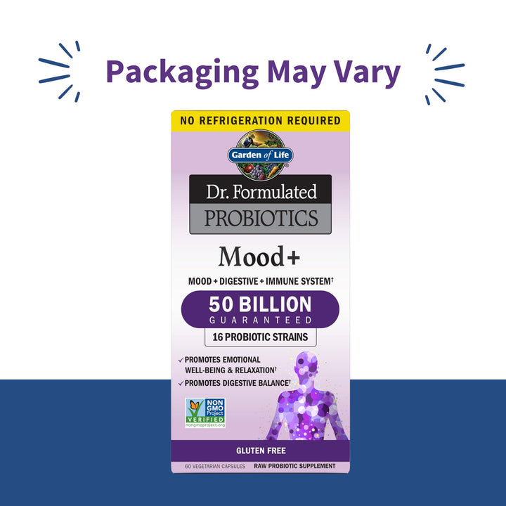 Mood+ capsules close-up highlighting 16 probiotic strains for mood and gut health.
