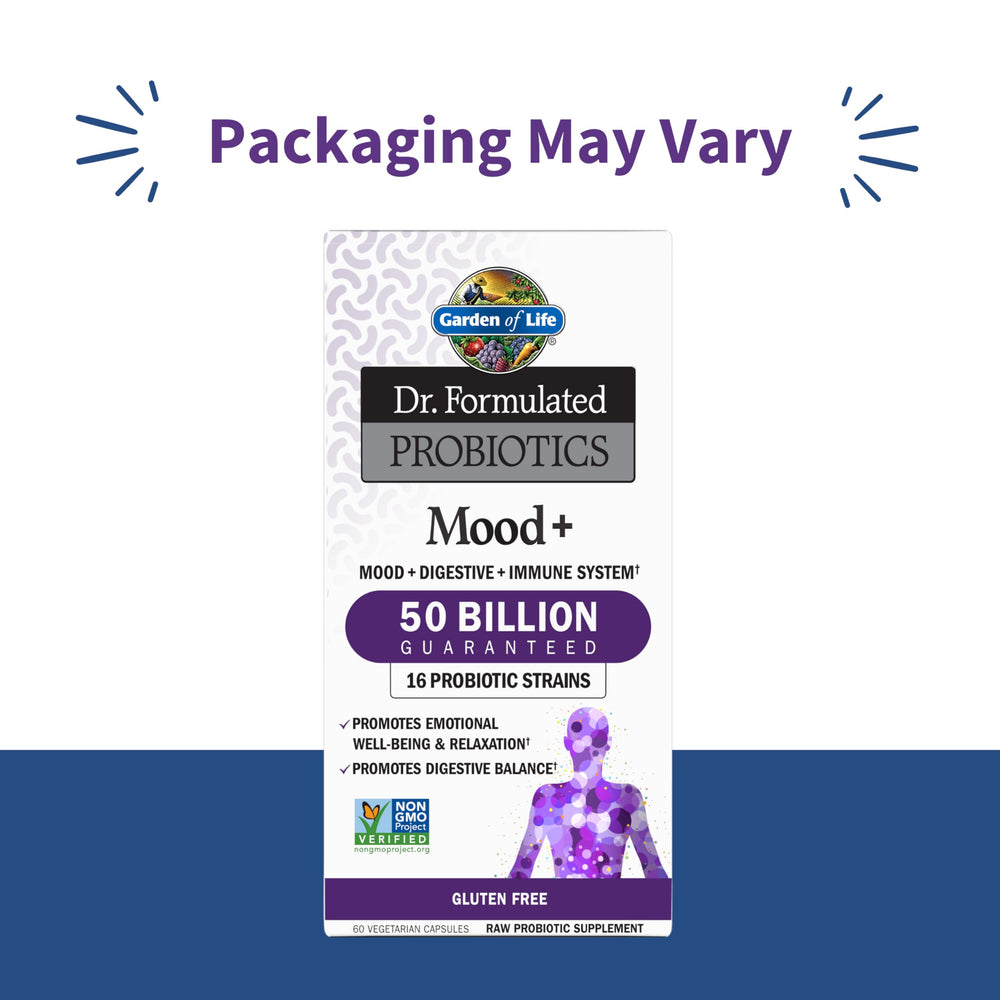 Garden of Life Mood+ capsules shown for daily use supporting digestive balance.