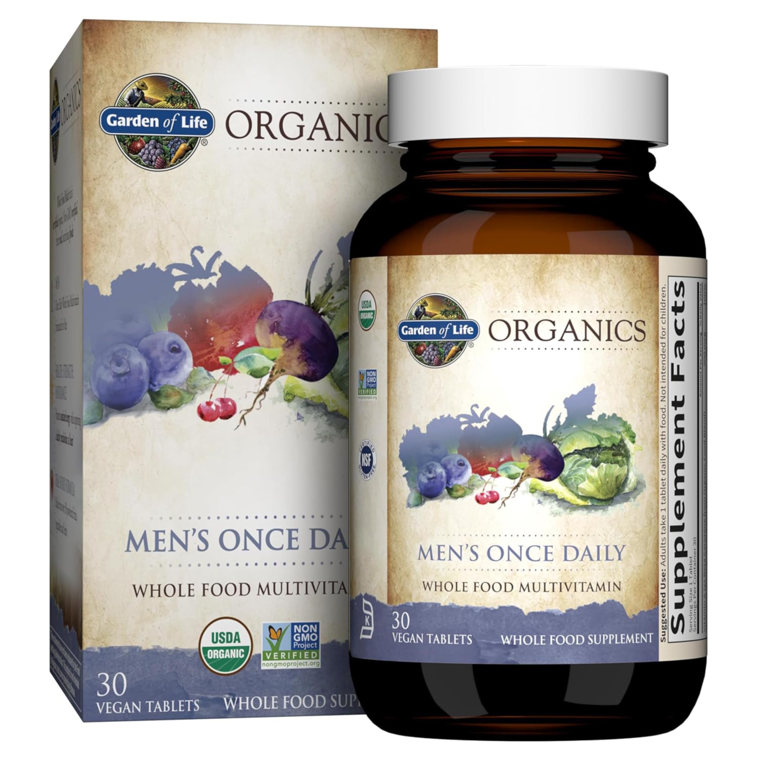 Garden of Life Once Daily Men's Multivitamin bottle; supports daily energy and wellness.