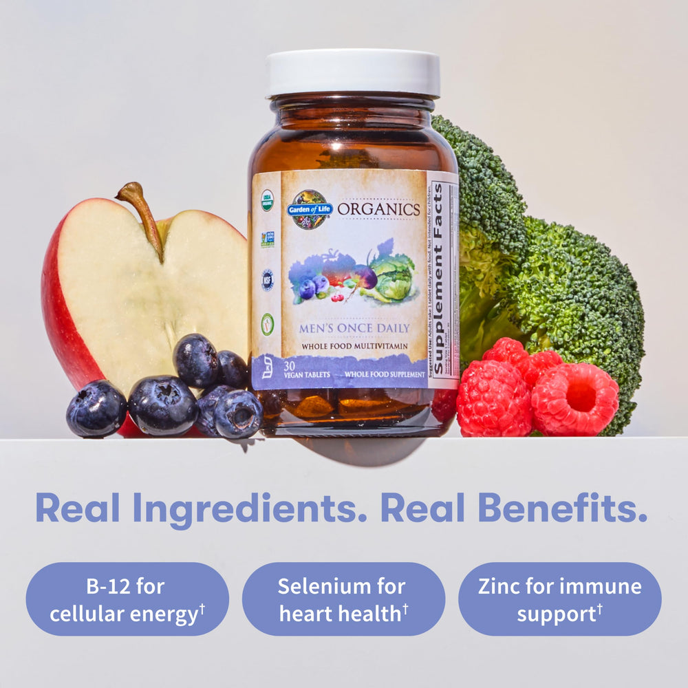 Garden of Life Once Daily Men’s Multivitamin label lists 15 essential vitamins.