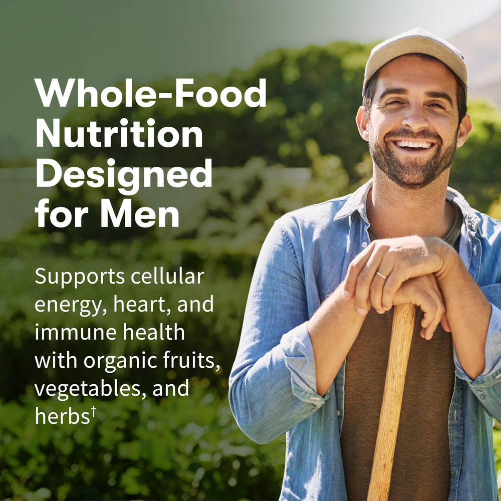 Garden of Life Once Daily Men’s Multivitamin tablet close-up shows plant‑based nutrients.