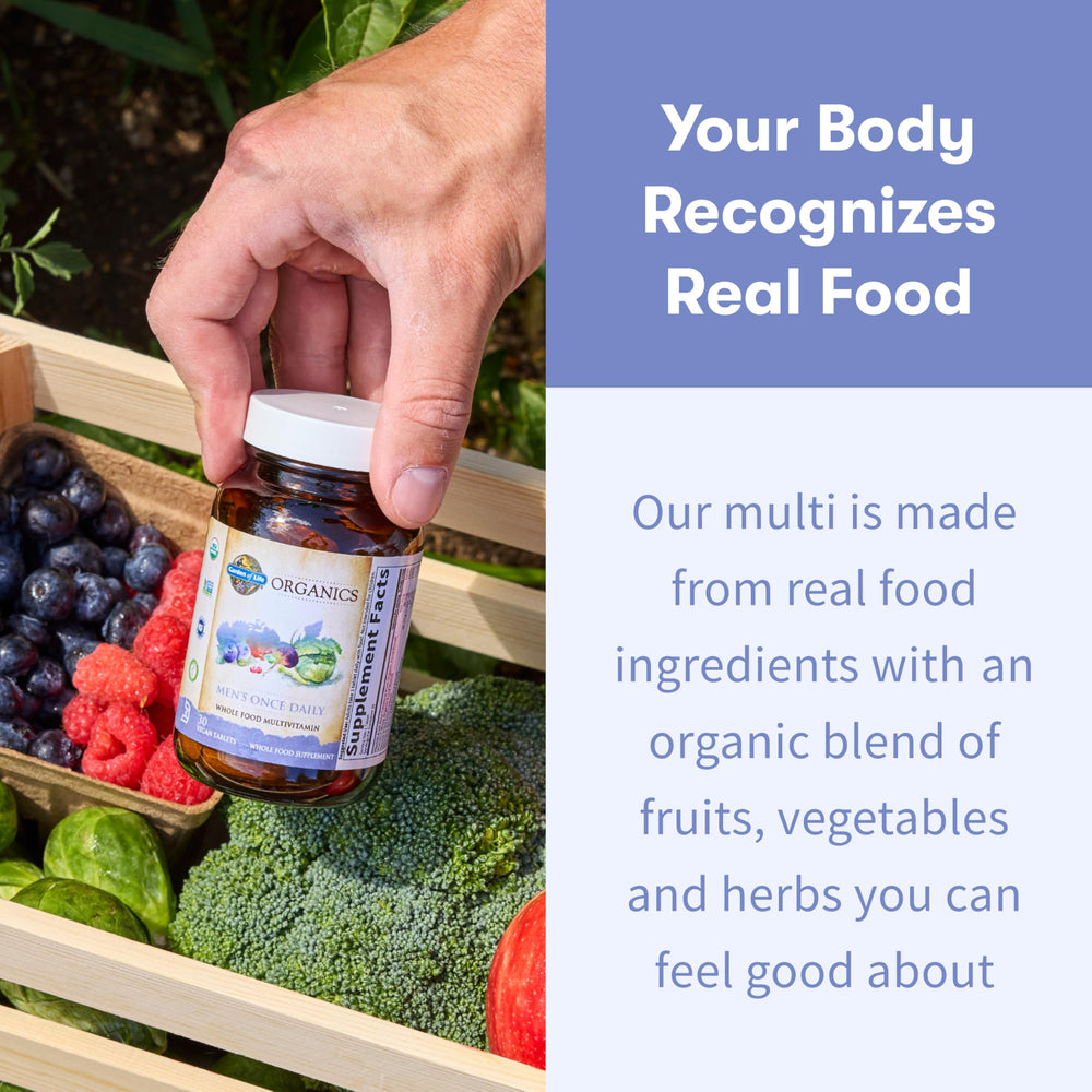 Garden of Life Once Daily Men’s Multivitamin vegan D3 from lichen supports daily nutrition.