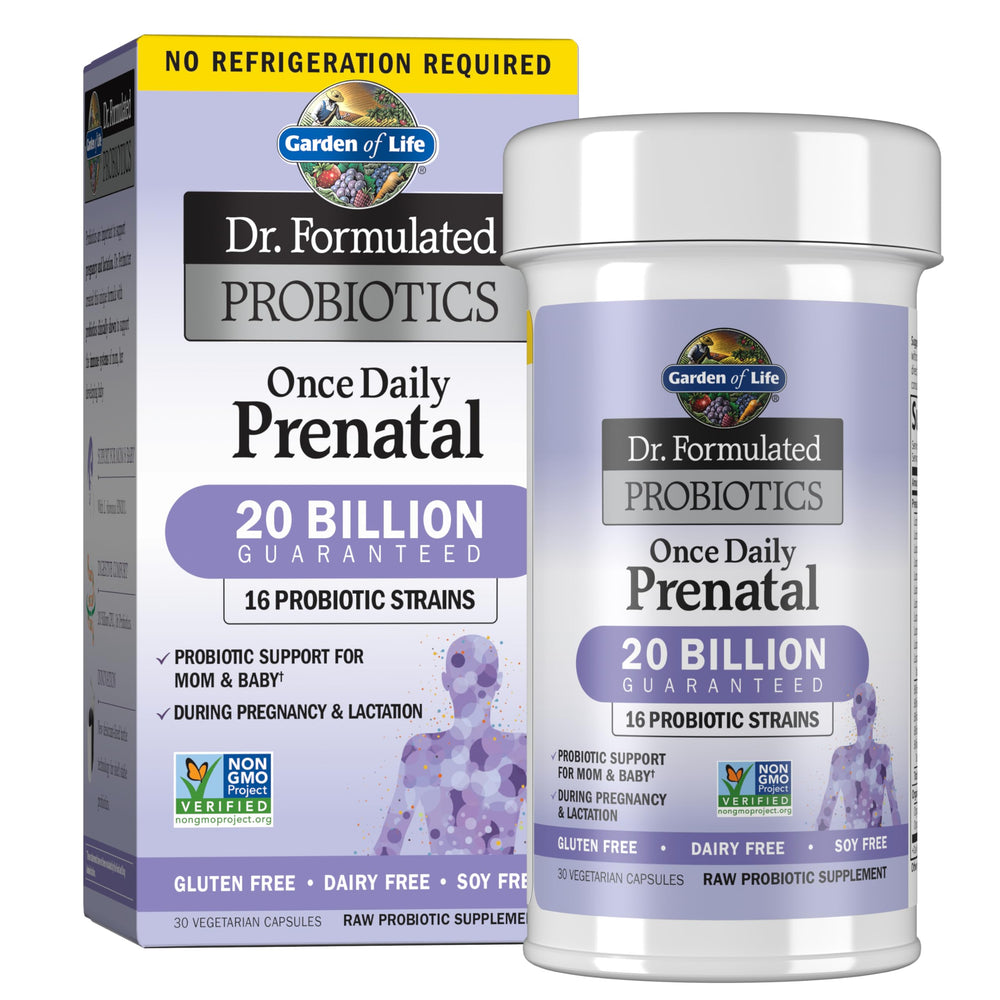 Garden of Life Once Daily Prenatal bottle shown for convenient daily probiotic support during pregnancy