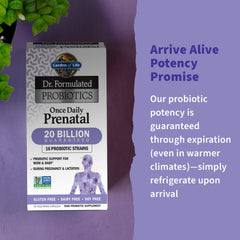 Garden of Life Once Daily Prenatal capsules closeup showing probiotic blend for digestive comfort
