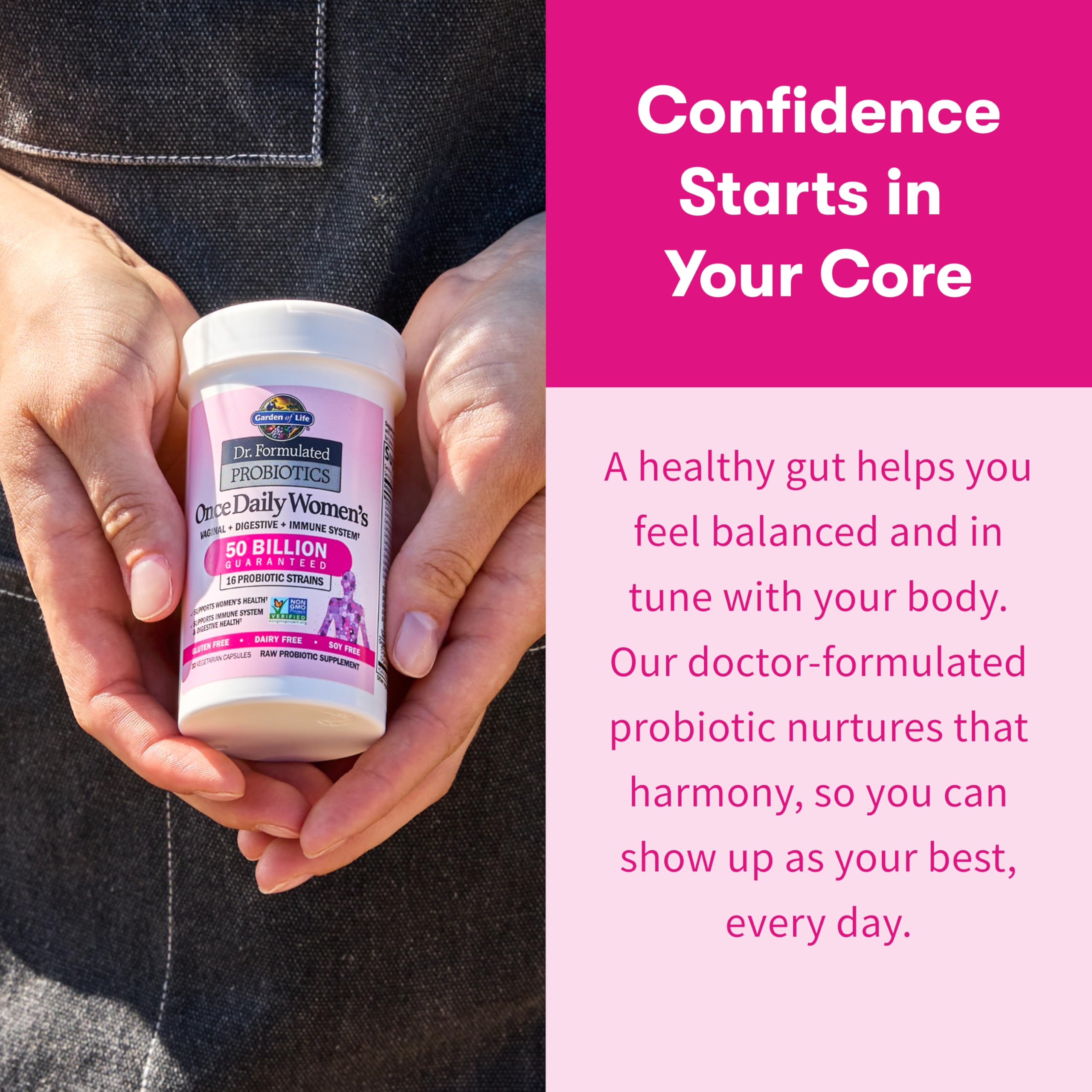 Dairy free label emphasis on Garden of Life probiotic bottle